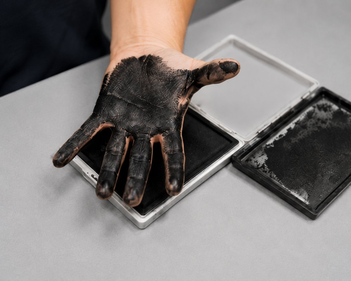 Fingerprint collection process on an ink fingerprint card, close-up view